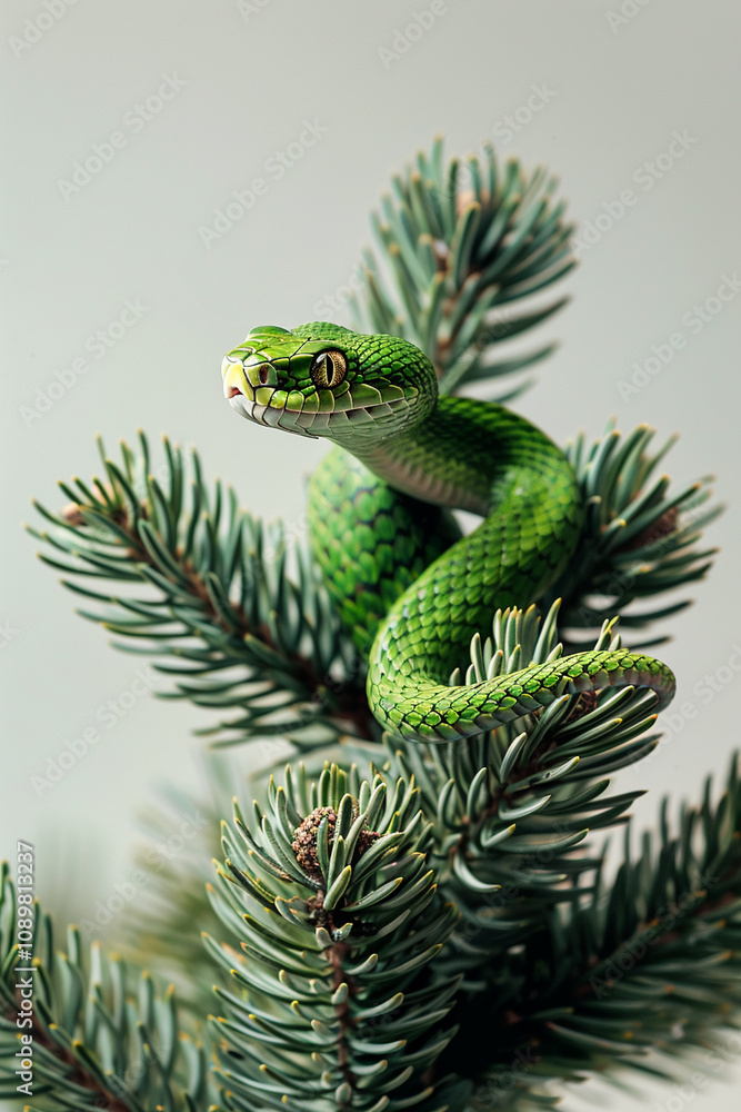 Fototapeta premium Green beautiful snake, new year celebration banner, light festive background, greeting card with free space for text