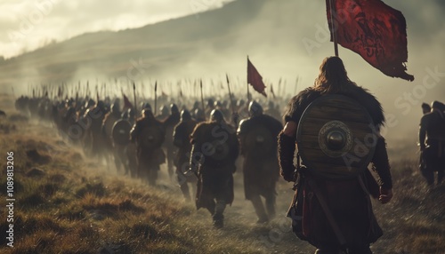 Capture Of A Thriving Viking Army In An Action-Packed Medieval Reenactment Event. A Unique Display Of Historical Warfare Skills. photo