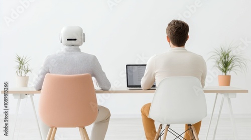 Robot and Human Working Together at Desks in Bright Modern Office