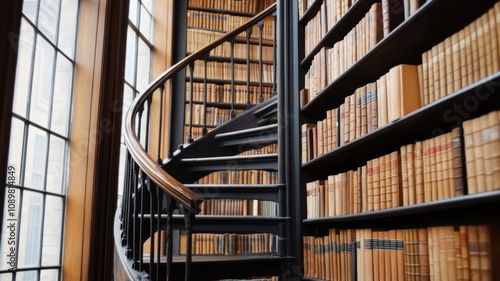 Elegant spiral staircase in a grand library surrounded by antique books photo