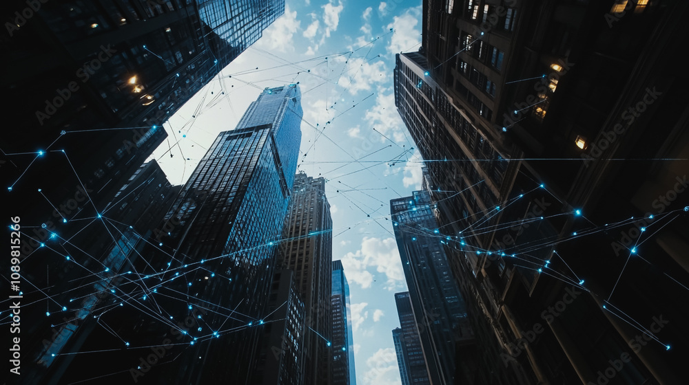 Fototapeta premium Smart digital Innovation Business skyscrapers in the Financial District with connection network reciprocity over the cityscape. of future smart wireless digital city and social media networking