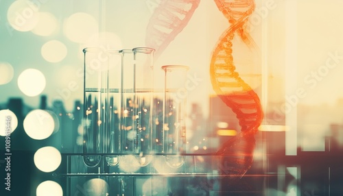 Double Exposure Of Dna Strands And Test Tubes Containing Samples - A Creative And Scientific Blend In One Image. photo