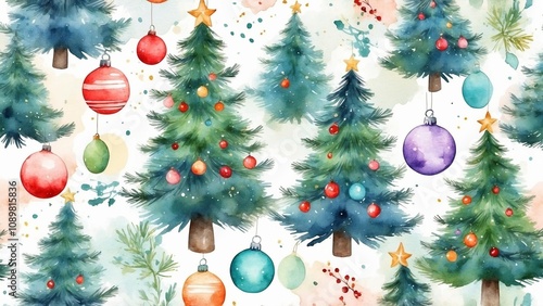 Watercolor Christmas trees background with festive ornaments
