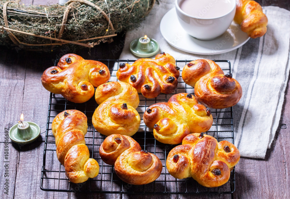 Traditional saffron Swedish buns lussekatt in different shapes, served with cocoa on a wooden table. Buns for St. Lucia's Day.