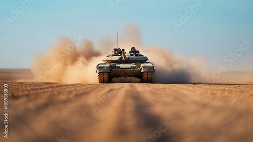 Tank advancing on a desert terrain, leaving a cloud of dust behind. Emphasis on power, mobility, and tactical operations. Design for banners, posters, or military power themes. photo