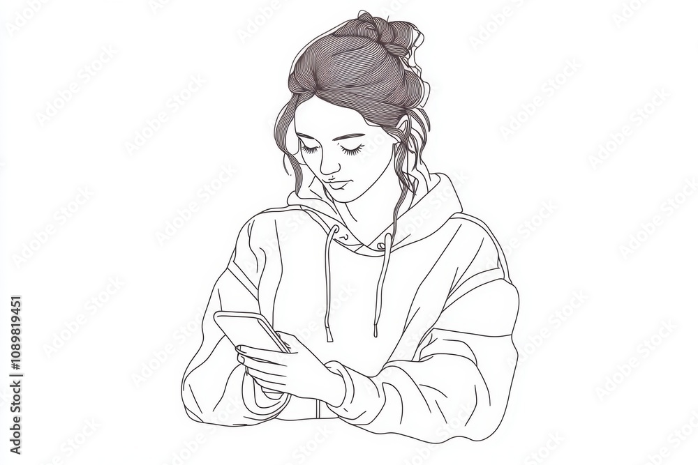 Fototapeta premium One-line Drawing Style: A woman holding a smartphone in her hand and reading news on social media A simple drawing with black lines on a white background Generative AI