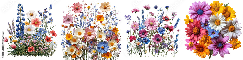Fototapeta premium Garden Flowers – Blooming Flowers Celebrating Nature and Beauty Isolated on Clear White Background Highly Detailed