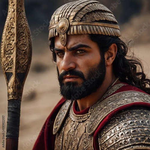 A fighter from the ancient Persian kingdom, clad in defensive gear. A soldier from the ancient civilization of Mesopotamia. A depiction of an individual from the past.  A warrior.
