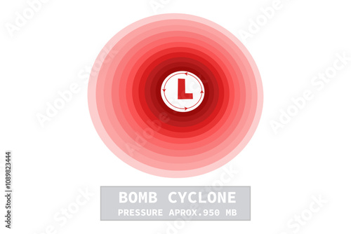 Bomb cyclone sign, symbol on transparent background. Red strength and size rings with opacity. Text template with pressure measurement. Weather forecast snow.