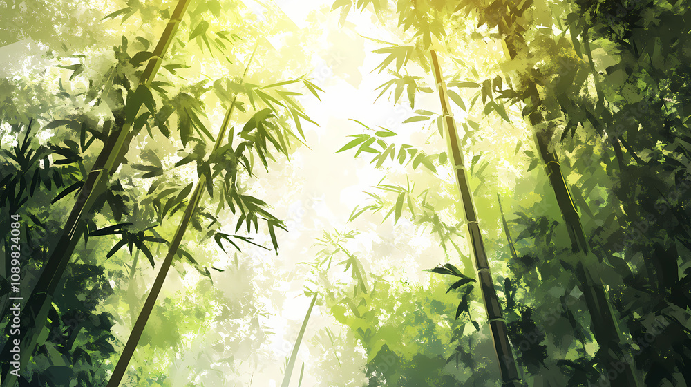 Naklejka premium Serene bamboo forest, nature background wallpaper, anime illustration drawing. Lush Bamboo Forest. Illustration