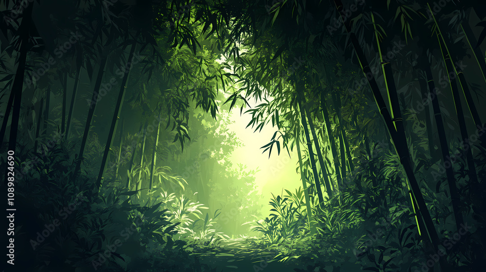 Fototapeta premium Creepy dark bamboo forest with mysterious light. Lush Bamboo Forest. Illustration