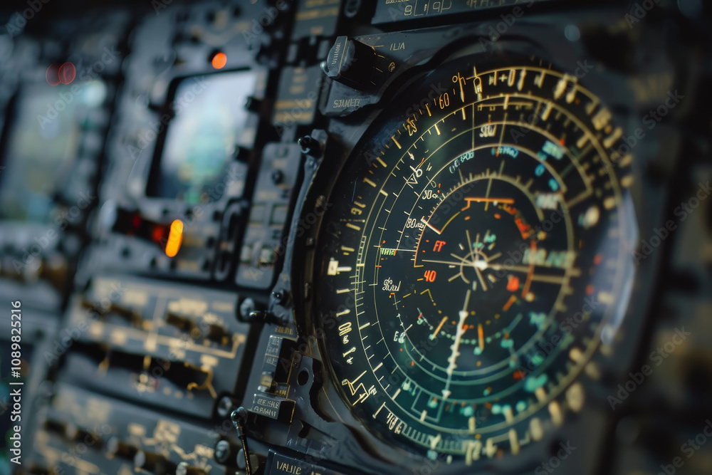Obraz premium The detailed instrument panel showcases various radar readings and navigation indicators utilized by pilots in a commercial aircraft during flight