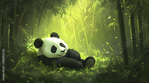 A panda bear rests in a lush green bamboo forest. Lush Bamboo Forest. Illustration