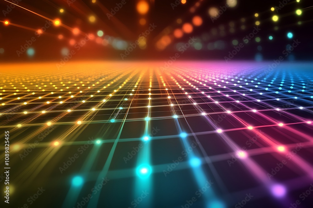 Obraz premium Neon lines forming intersecting grids over a gradient corporate backdrop