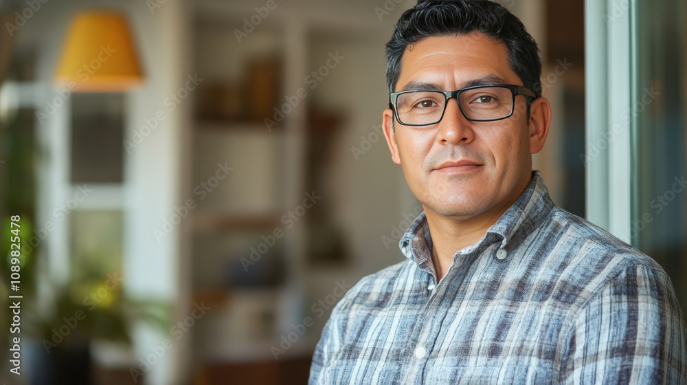 Obraz premium Confident Hispanic Man in Casual Attire Posing Indoors with Natural Light