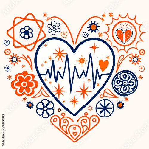 Colorful heart illustration with heartbeat line and decorative floral elements, symbolizing love and vitality