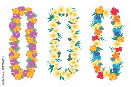 Set of beautiful tropical flower necklaces in cartoon style. Vector illustration of traditional bright necklaces of plumeria, hibiscus, green leaves isolated on white background. Hawaiian jewelry.