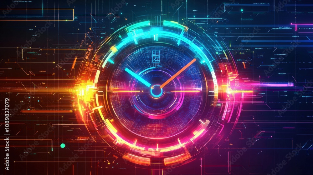 Obraz premium Neon Clock Face with Digital Circuitry