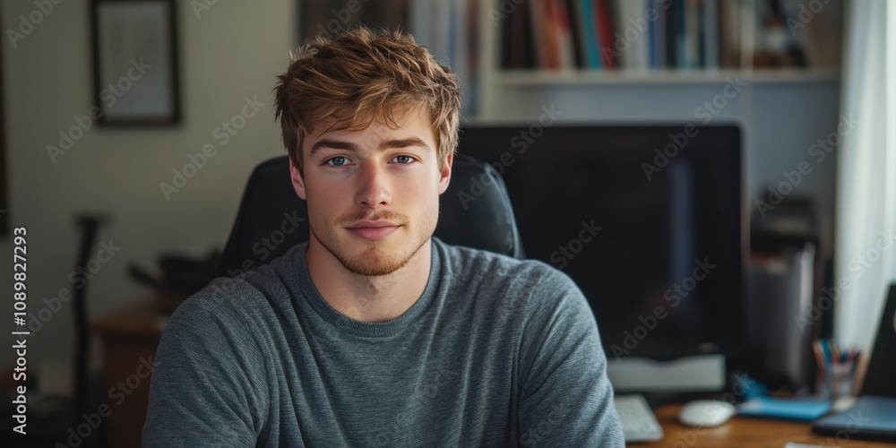 Fototapeta premium Confident Young Man in Casual Attire Sitting at Desk in Modern Workspace
