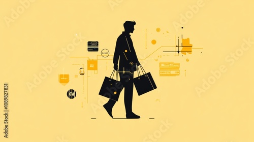 A silhouette of a person holding multiple shopping bags walks confidently against a vibrant yellow backdrop filled with shopping visuals. Generative AI photo