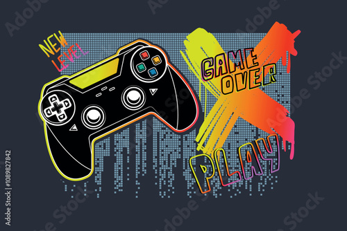 Gamepad poster with text Game over, new level. Grey background and digital elements. Cross sign spray paint ink, splatters. Tee print with gamepad. T shirt design for boy