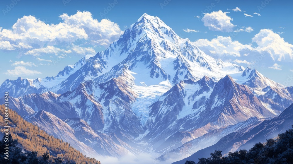 Obraz premium Majestic Snow Capped Mountain Peak Under a Blue Sky