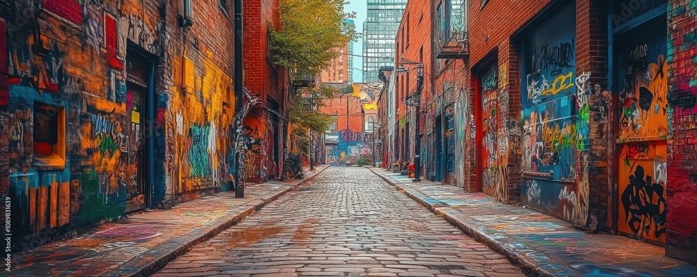 Fototapeta premium Graffiti-covered alleyway, showcasing diverse artistic styles.