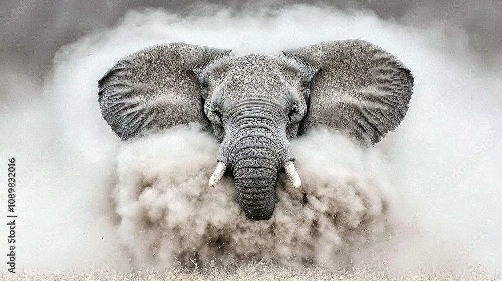 Fototapeta premium An elephant standing in grass with smoke from its trunk