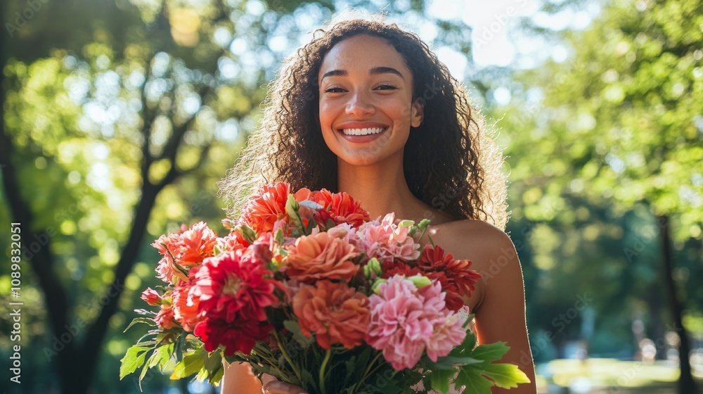 Naklejka premium Delighted woman holding a bouquet of red and pink flowers, in a sunny park generative ai