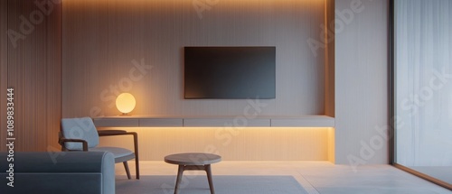 Wallpaper Mural A living room with a couch and a chair, a table with a lamp on it Torontodigital.ca