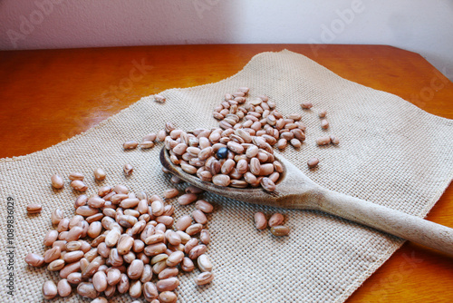 Spoon of carioca beans. Brazilian grains.  photo