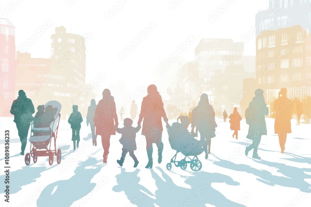 Obraz premium A simple illustration of people walking in the street, with their movements influencing each other's, in different colors and shades of pastel Generative AI