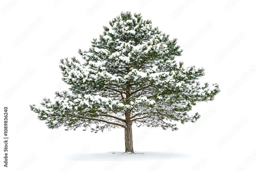 Obraz premium Snow-covered pine tree on a simple white background