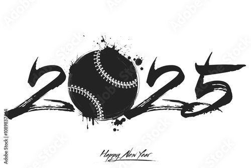Numbers 2025 and a abstract baseball ball made of blots in grunge style. Design text logo Happy New Year 2025. Template for greeting card, banner, poster. Vector illustration on isolated background