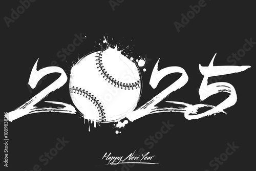 Numbers 2025 and a abstract baseball ball made of blots in grunge style. Design text logo Happy New Year 2025. Template for greeting card, banner, poster. Vector illustration on isolated background