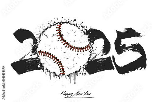 Numbers 2025 and a abstract baseball ball made of blots in grunge style. Design text logo Happy New Year 2025. Template for greeting card, banner, poster. Vector illustration on isolated background