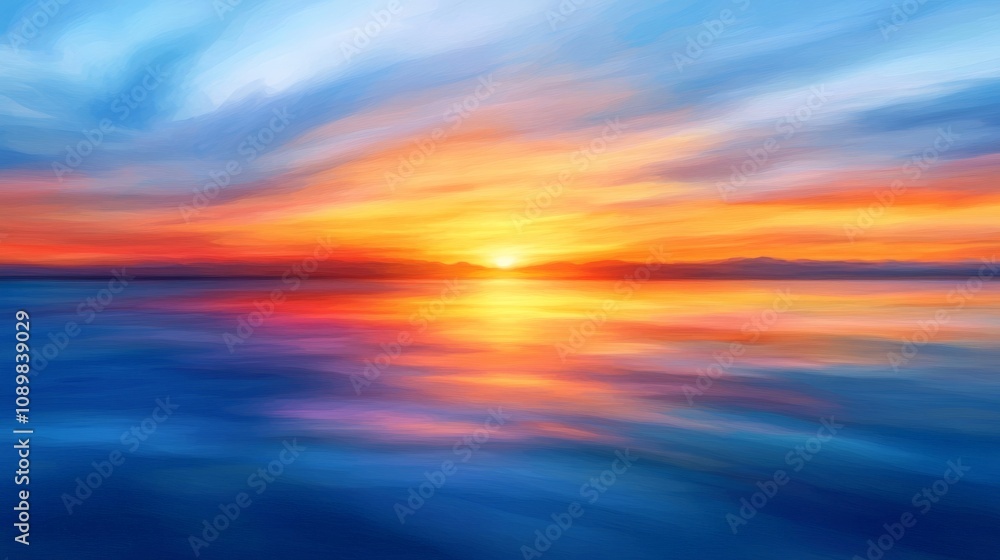 Obraz premium Vibrant Sunset Over Calm Waters, A Beautiful Blend of Colors and Nature. A Peaceful Scene Captured in an Abstract Style.