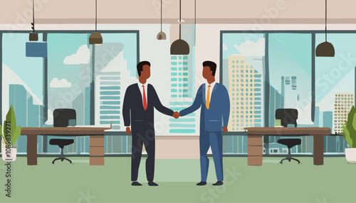 Two welldressed businessmen are shaking hands warmly in a modern office, signifying a positive agreement or partnership ahead