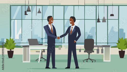 Two welldressed businessmen are shaking hands warmly in a modern office, signifying a positive agreement or partnership ahead