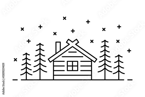 House and trees icon. Black outline linear silhouette. Editable strokes. Front view. Vector simple flat graphic illustration. Isolated object on white background. Isolate.