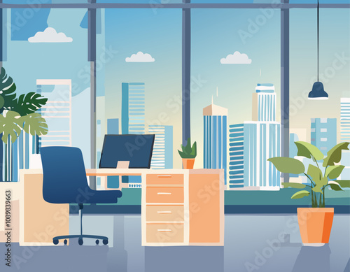A Contemporary Modern Office Workspace Featuring an Impressive City View from its Windows a