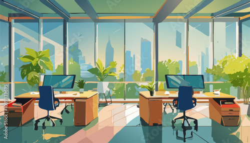 A Contemporary Modern Office Workspace Featuring an Impressive City View from its Windows a