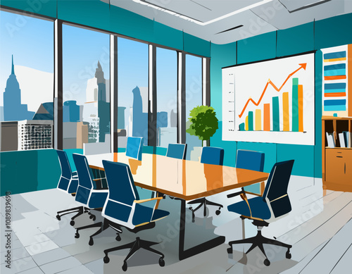 This artwork is a pixel art depiction of a conference room that features a prominent projector screen for presentations and meetings