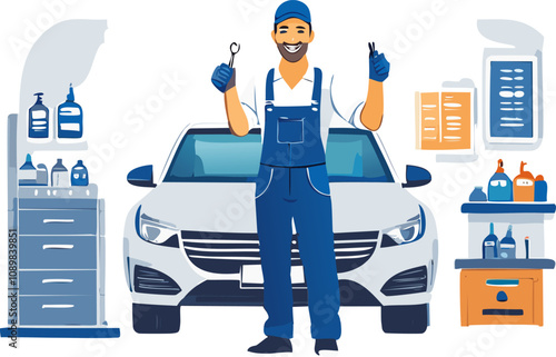 a mechanic with a wrench stands near a damaged car in service center, vector illustration