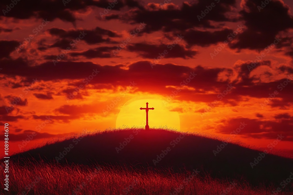 Obraz premium Silhouette of a cross on a hill with a dramatic red and orange sunset