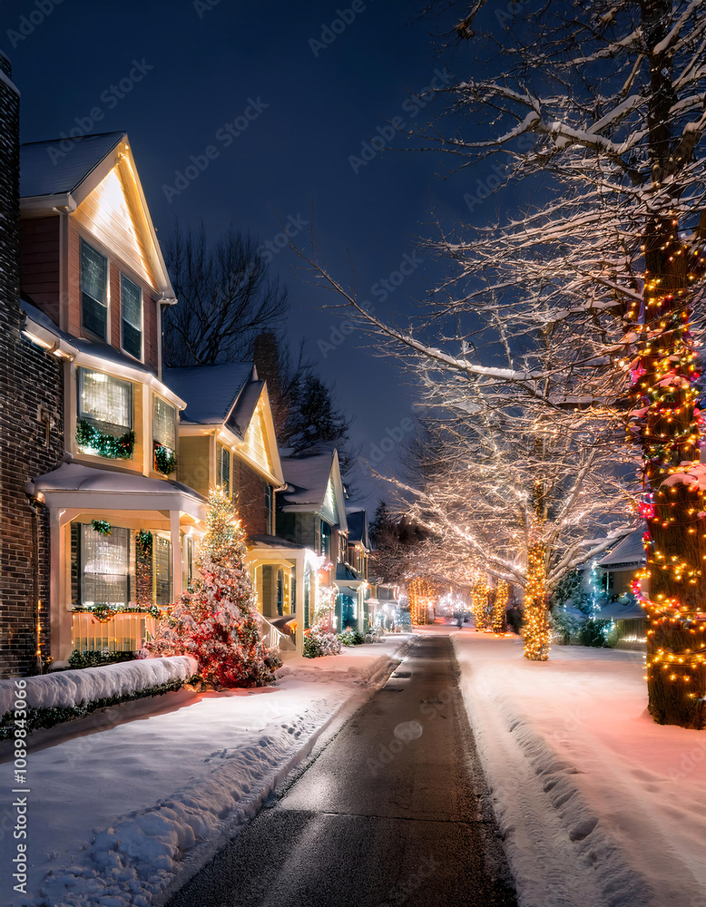Fototapeta premium A picturesque winter street lined with houses adorned with twinkling lights and snow-covered trees, creating a magical Christmas scene