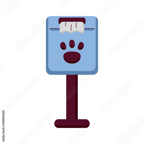Station with Bags for pet poop. Clean up after your dog. Container with Disposable Pouches for cleaning up shit. Dispenser Package with animal Paw. Isolated. Flat style. Colored Vector illustration