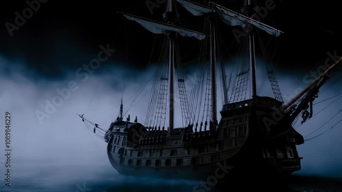 Ghost ship in fog on calm water. Flying dutchman at night. Mystery, adventure concept for Halloween, maritime historical events. Silhouette of pirate schooner, brigantine, frigate for naval drama film