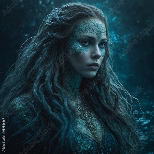 An eldritch selkie shrouded in mystery and magic, its shadowy form a blend of sinuous scales and ethereal mist. The creature's piercing aquamarine eyes seem to hold ancient secrets, glowing with other