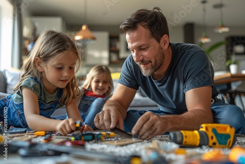 A father enjoys a fun afternoon with his daughters, engaging them in a building activity with colorful bricks on the floor, fostering creativity and connection at home